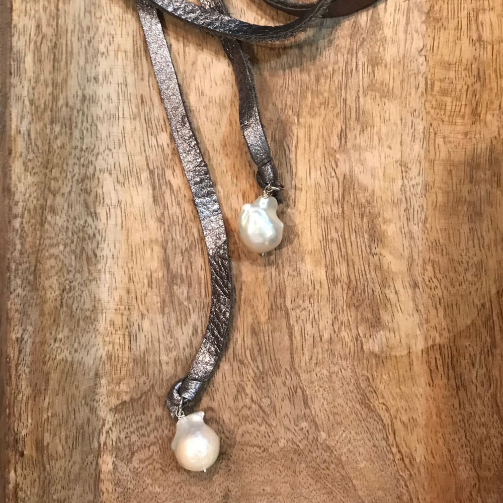 Leather and pearl wrap necklace